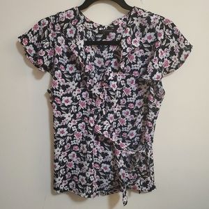Banana Republic Ruffled Flower Print Wrap Blouse Size M